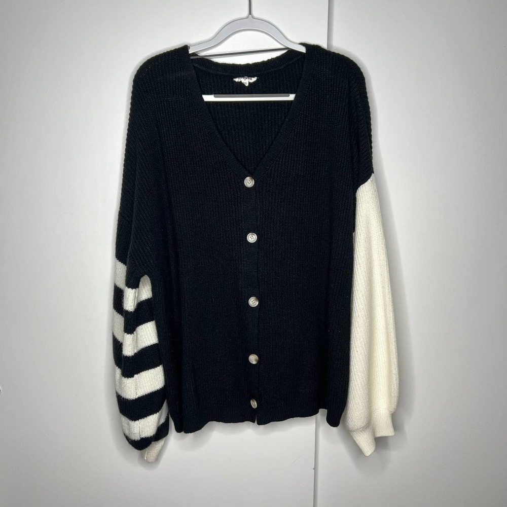 GeeGee Boutique Asymmetrical Striped and Solid Button Front Sweater 3XL